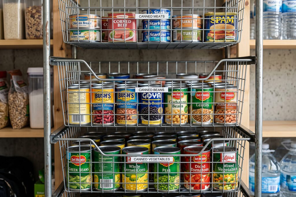 Emergency pantry shelf filled with canned meats