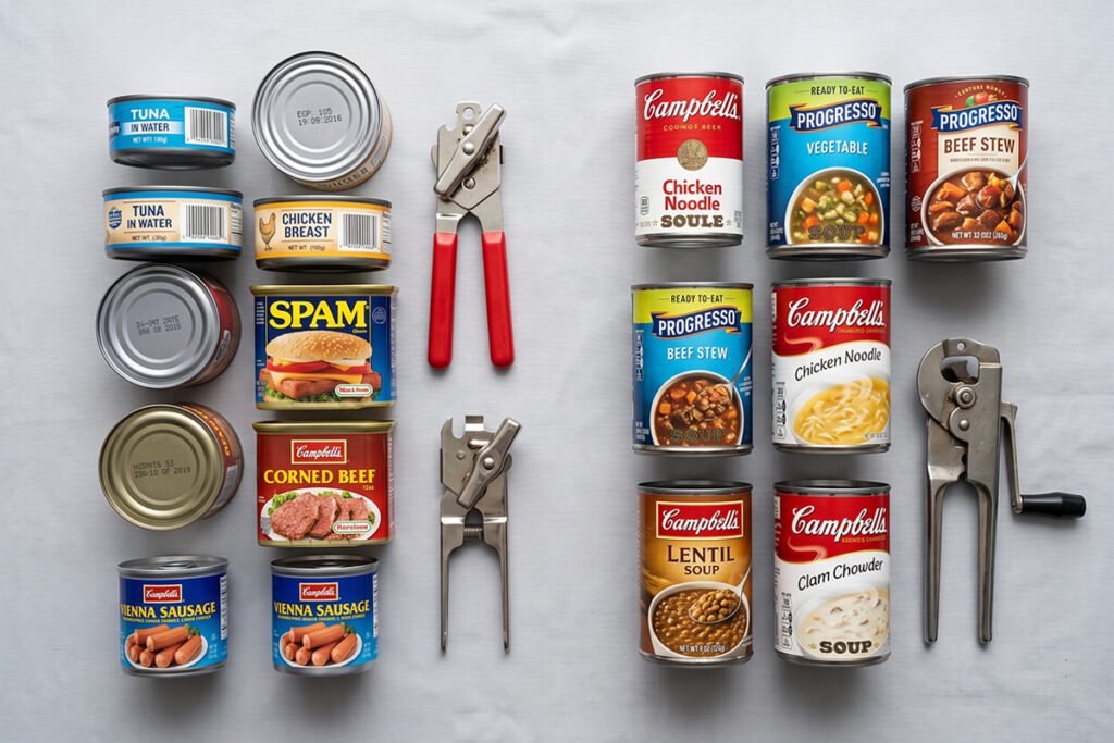 Emergency supply kit containing canned meats