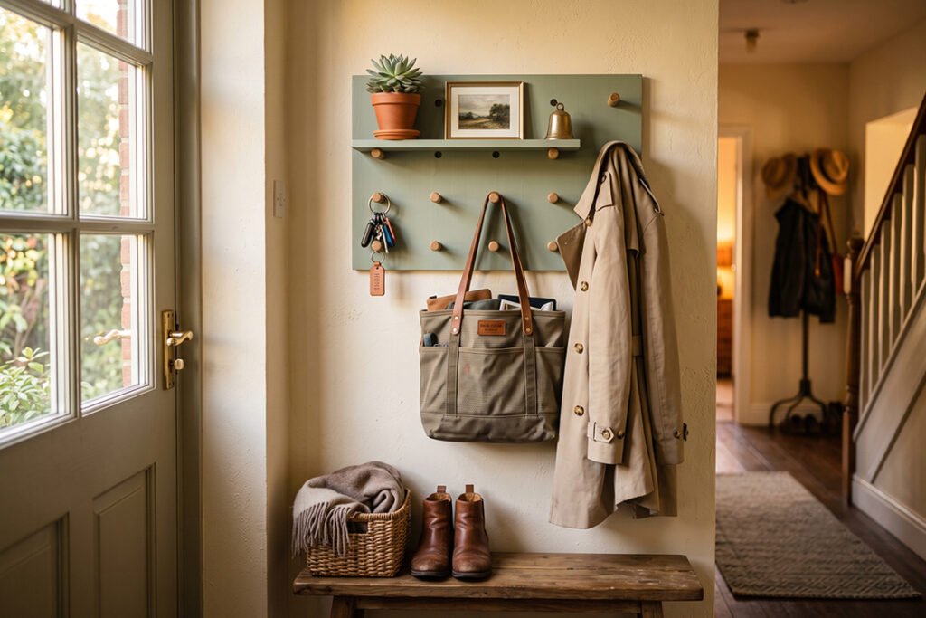Entryway key holder and coat rack crafted from a painted wooden pegboard