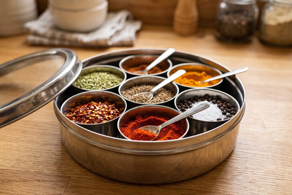 Ergonomic setup of a masala dabba with mini spoons resting inside each individual cup
