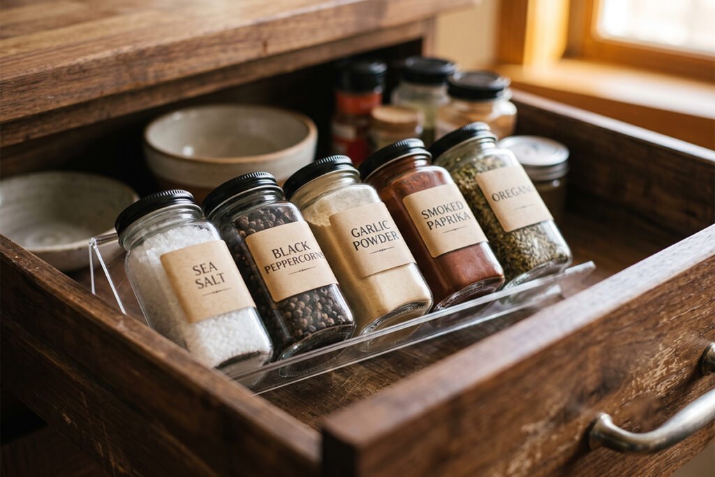 Essential spice collection featuring salt pepper garlic paprika and oregano in_