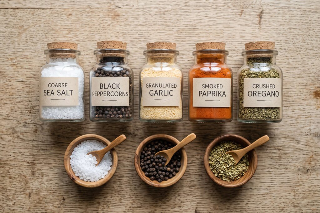 Essential spice jars like sea salt, black pepper, garlic, and paprika laid out neat