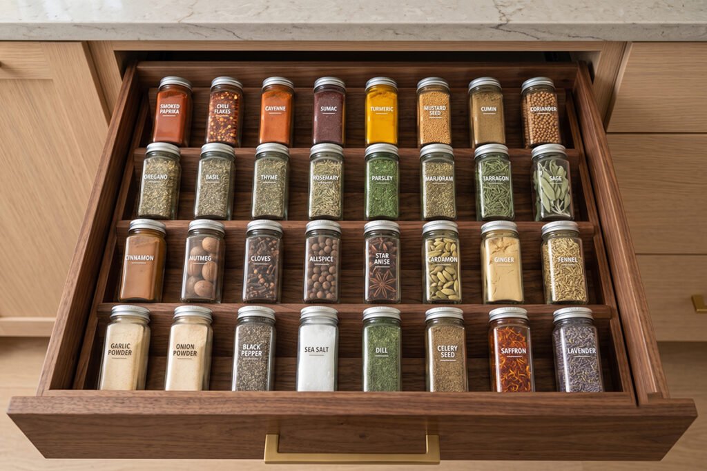Extra-wide kitchen drawer housing a massive collection of spices on a multi-tiered_