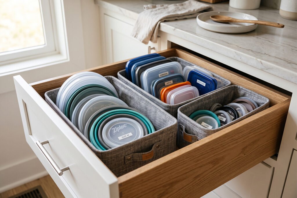 Fabric drawer bins holding categorized container tops inside a deep kitchen cabinet drawer
