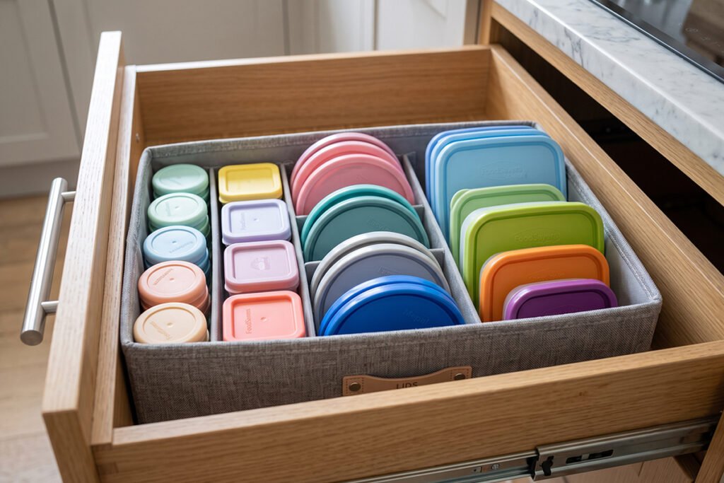 Fabric storage bin inside a drawer neatly sorting plastic container lids by shape and size