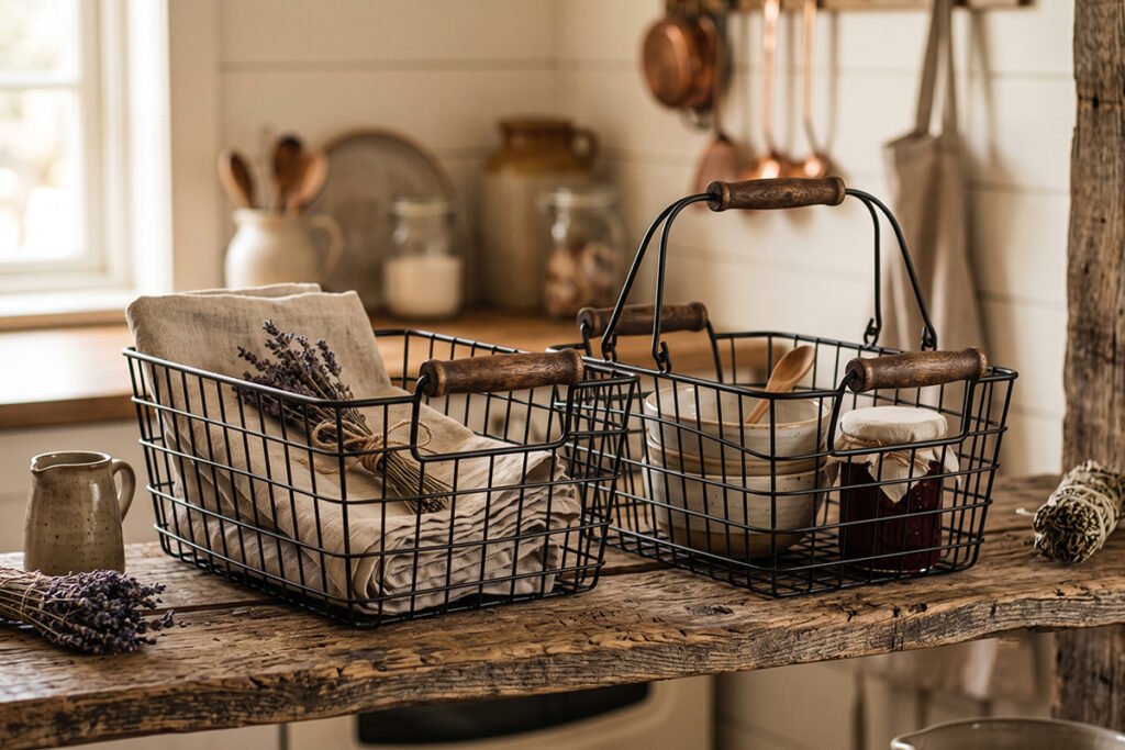 Farmhouse-style black wire baskets with wooden handles set on a wooden pantry shelf.