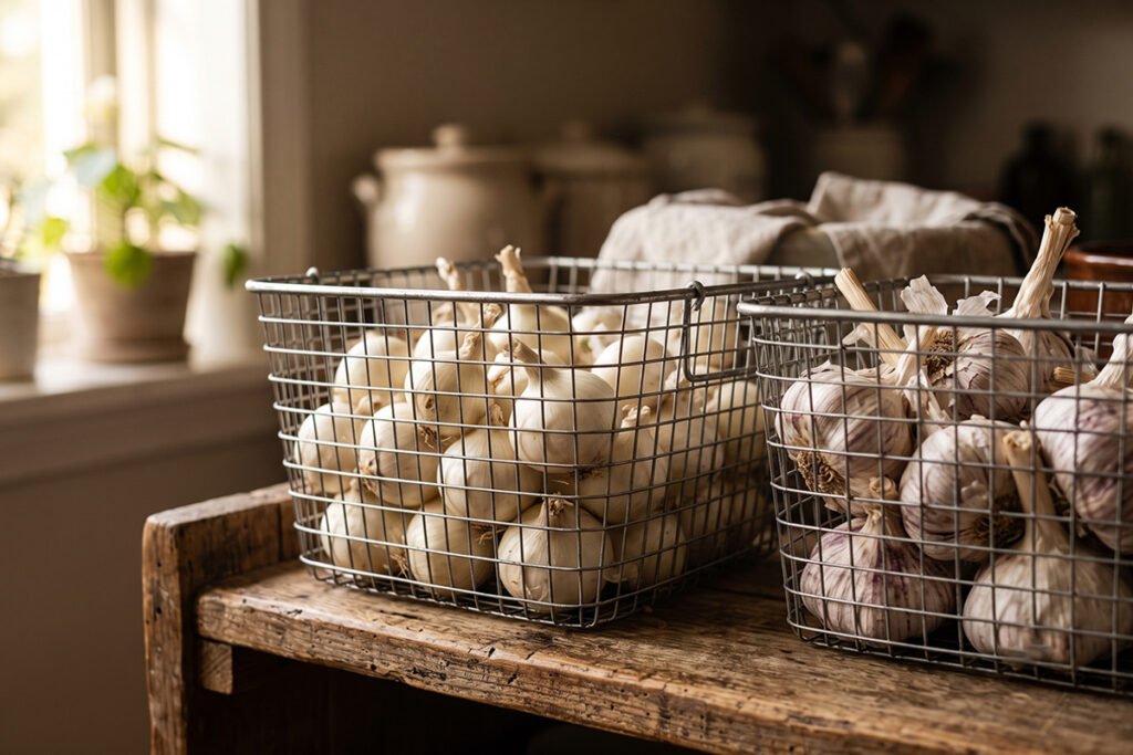 Fine wire mesh baskets filled with white onions and garlic bulbs on a kitchen shelf.