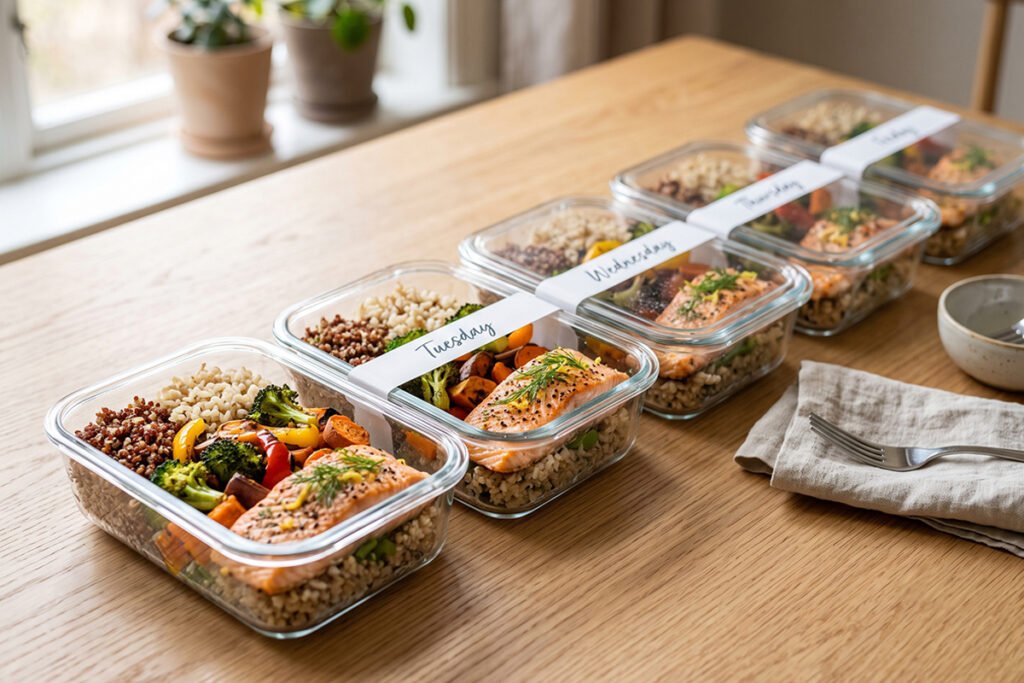 Five identical glass meal prep containers filled with weekly lunches labeled Monday through Friday