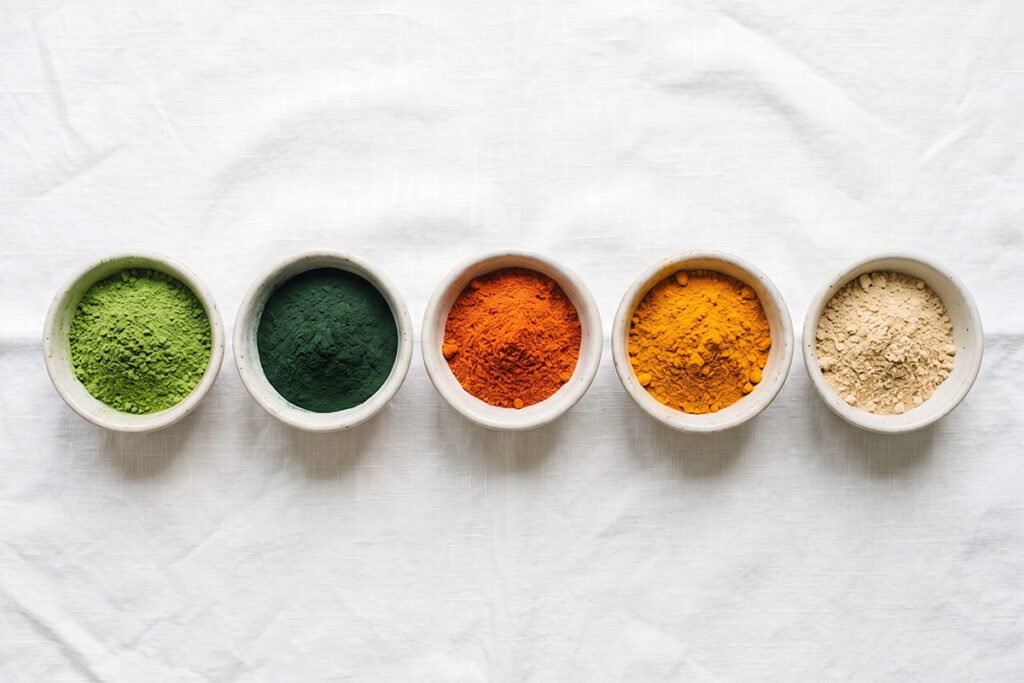 Five small ceramic bowls arranged in a row filled with top healthy spices