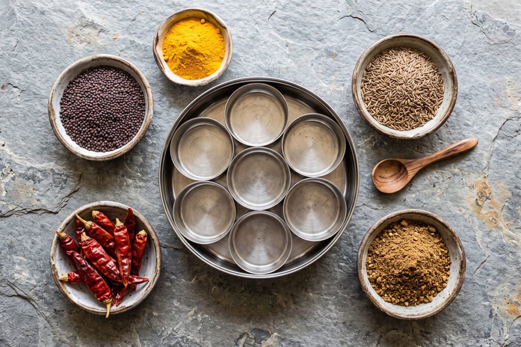 Flat lay showcase of essential Indian seasonings laid out around an empty masala container