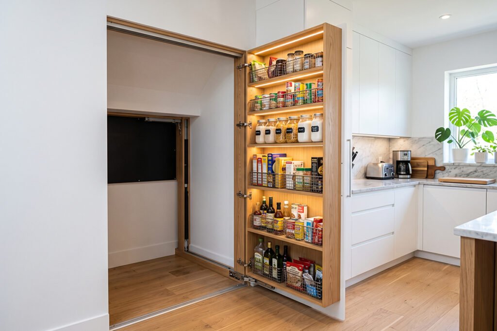 Fold-out Murphy pantry cabinet extending from a wall to reveal organized shelves