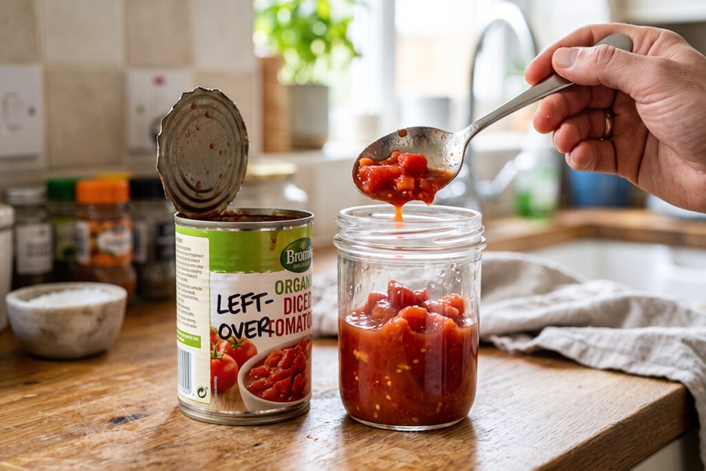 Food being transferred from an open metal can into a glass container