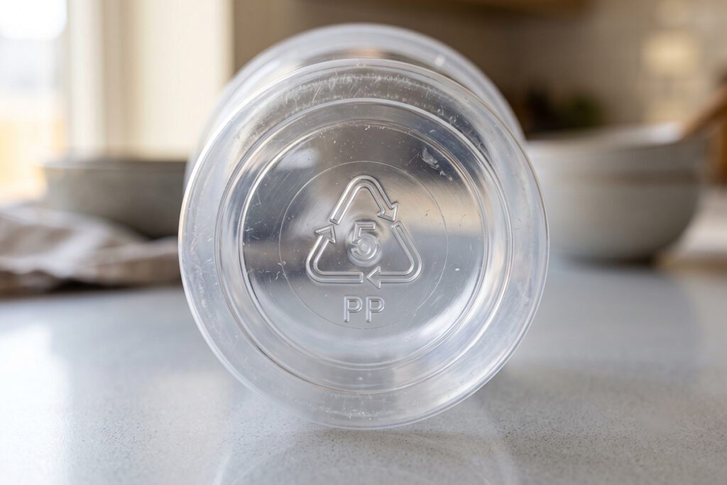 Food-safe plastic container displaying a clear recycling number 5 symbol on its base.