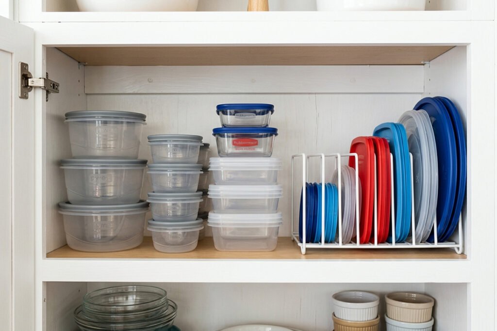 Food storage containers stacked neatly on a cabinet shelf with their matching lids stored separately alongside them