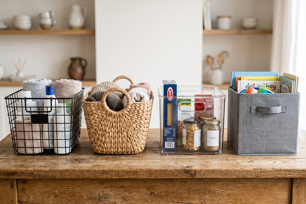 Four different basket types displayed together showing wire
