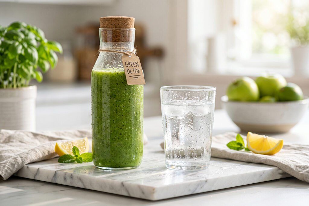 Fresh green detox smoothie alongside a glass of pure filtered water on a kitchen counter.