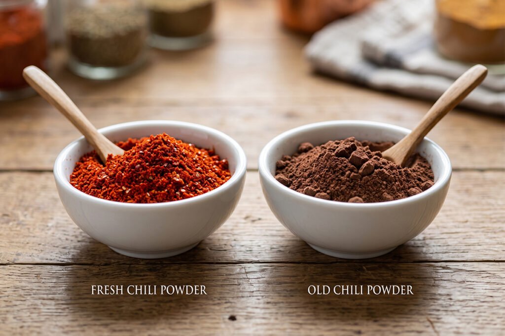 Fresh ground spice powder comparison showing bright fresh powder versus dull old powder
