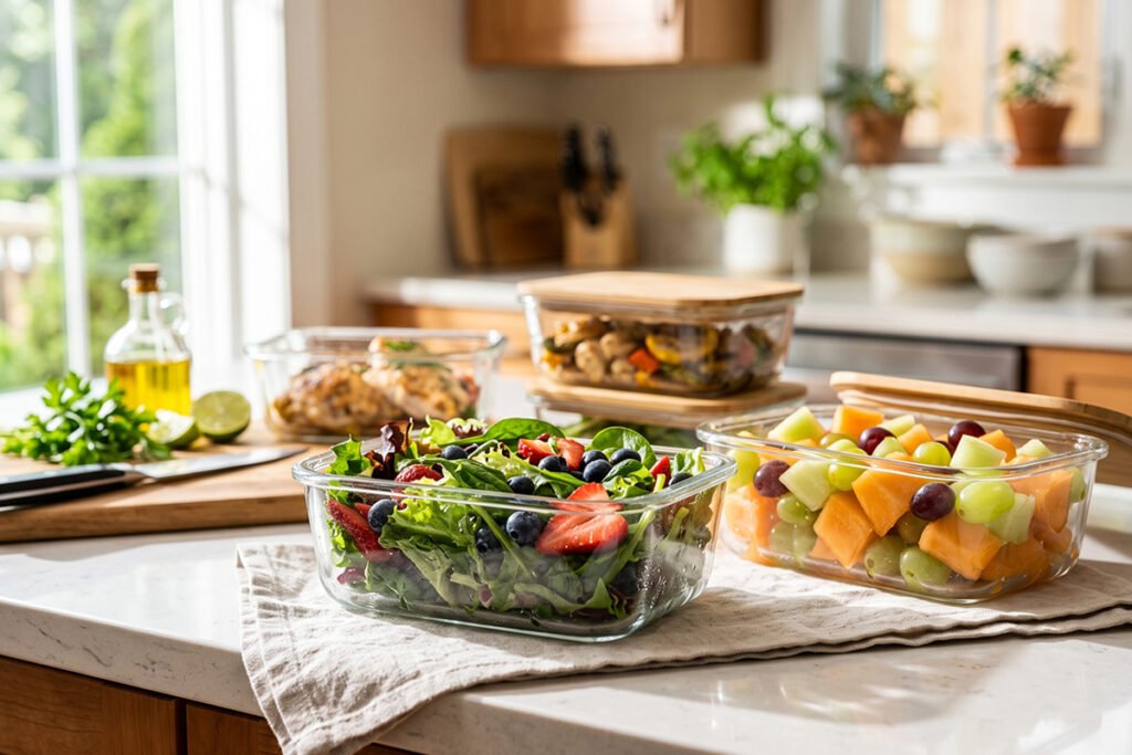Fresh organic fruit and salad stored inside crystal-clear glass meal prep containers