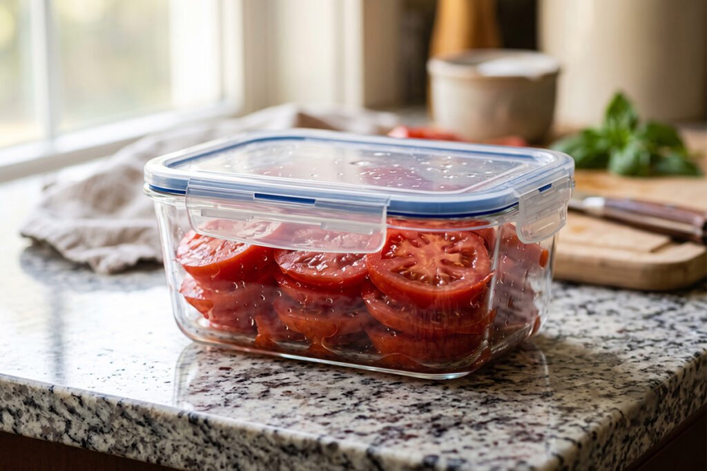 Fresh tomato slices stored safely in a glass container instead of aluminum foil pac