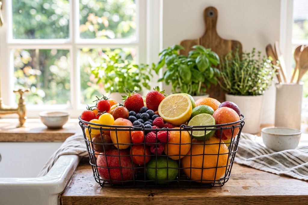 Freshly washed fruit drying naturally inside an open wire countertop basket.
