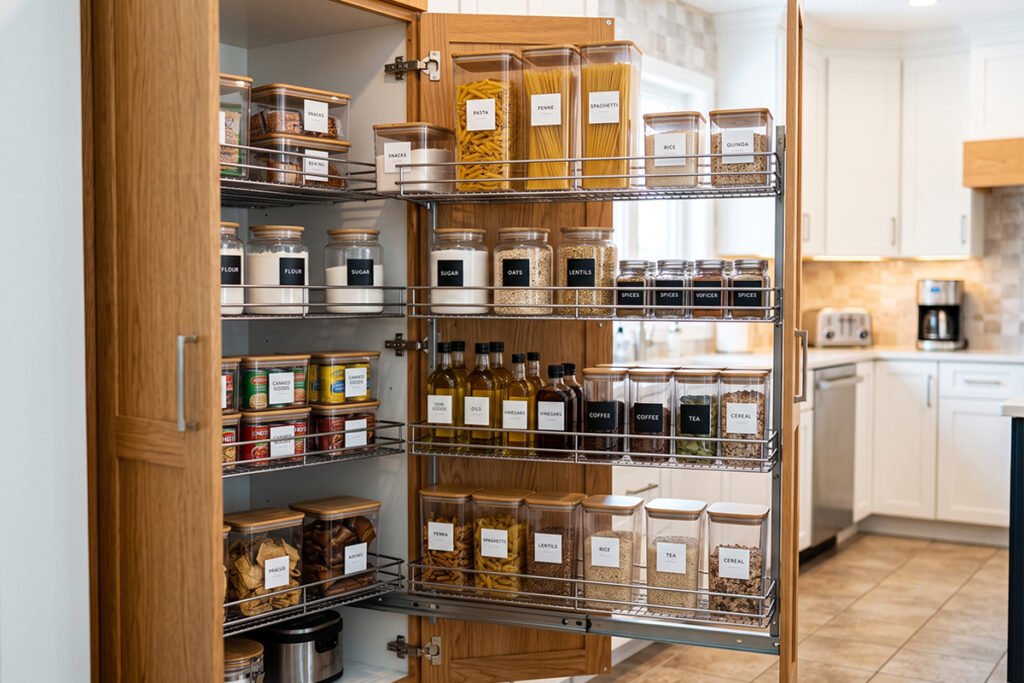 Fully organized 24-inch deep pantry filled with clear bins