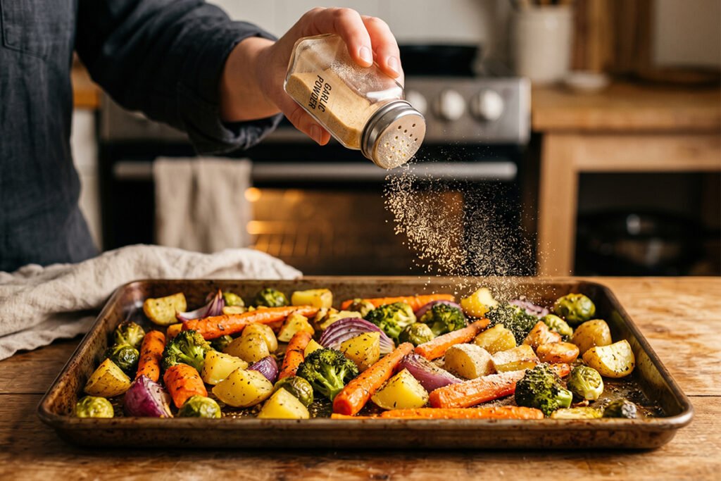 Garlic powder shaking onto roasted vegetables on a baking sheet