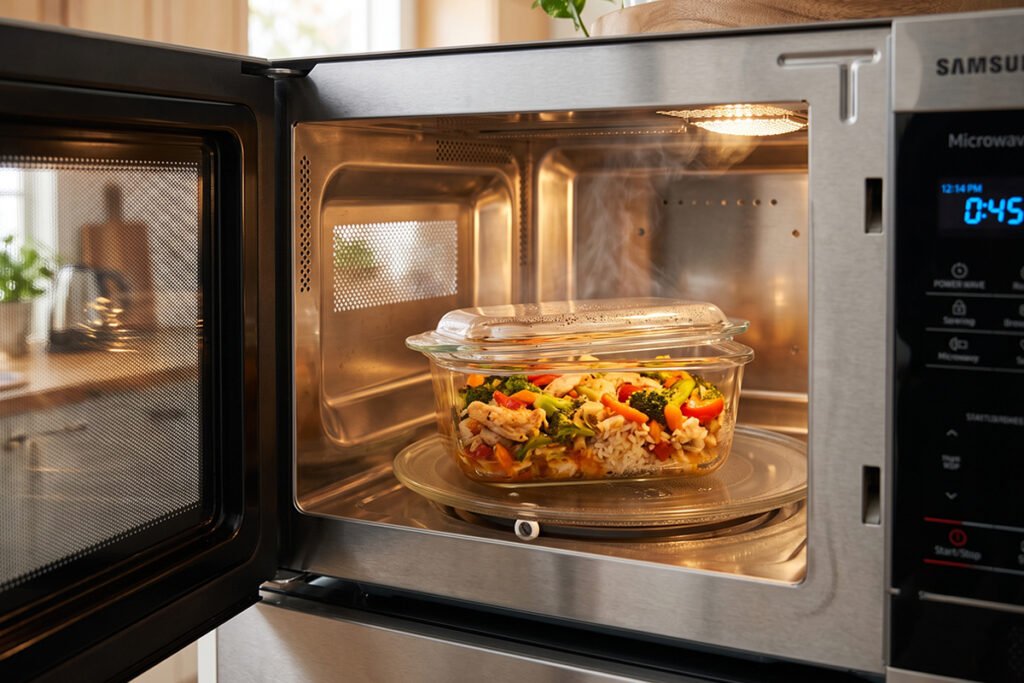 Glass container being safely heated inside a microwave oven without melting or releasing fumes