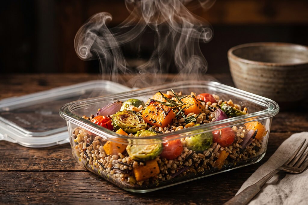 Glass container with lid removed showing hot steaming food without plastic contact