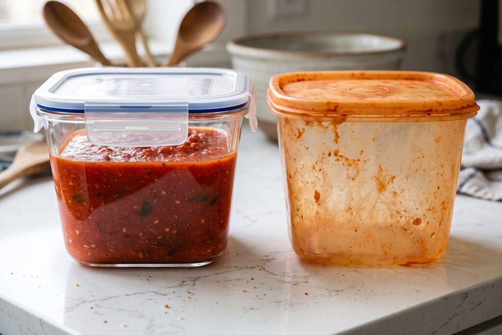 Glass container with tomato sauce next to a stained plastic container demonstrating material durability