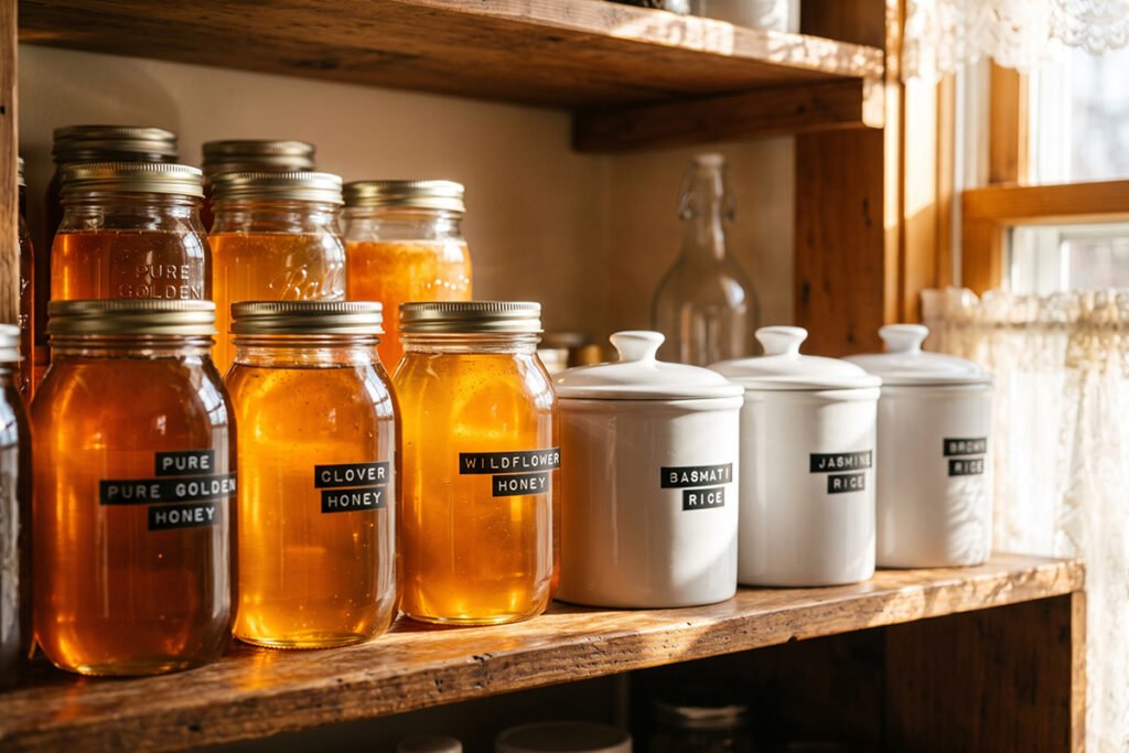 Glass jars of pure honey and sealed containers of white rice on a clean pantry shelf