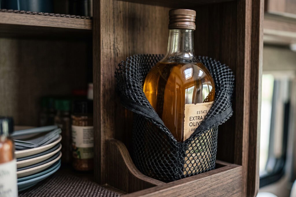 Glass olive oil bottle wrapped in a protective padded mesh sleeve