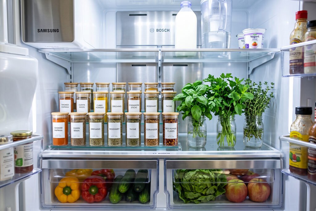 Glass spice containers labeled and stored safely on a clean refrigerator shelf.