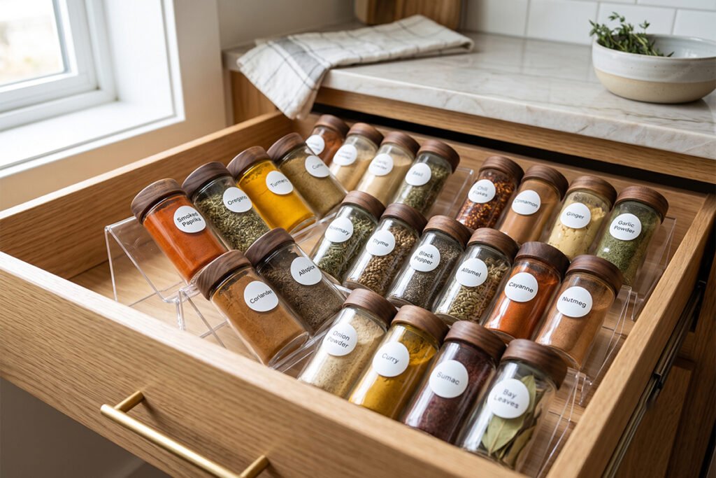 Glass spice jars arranged neatly on an acrylic tiered drawer liner
