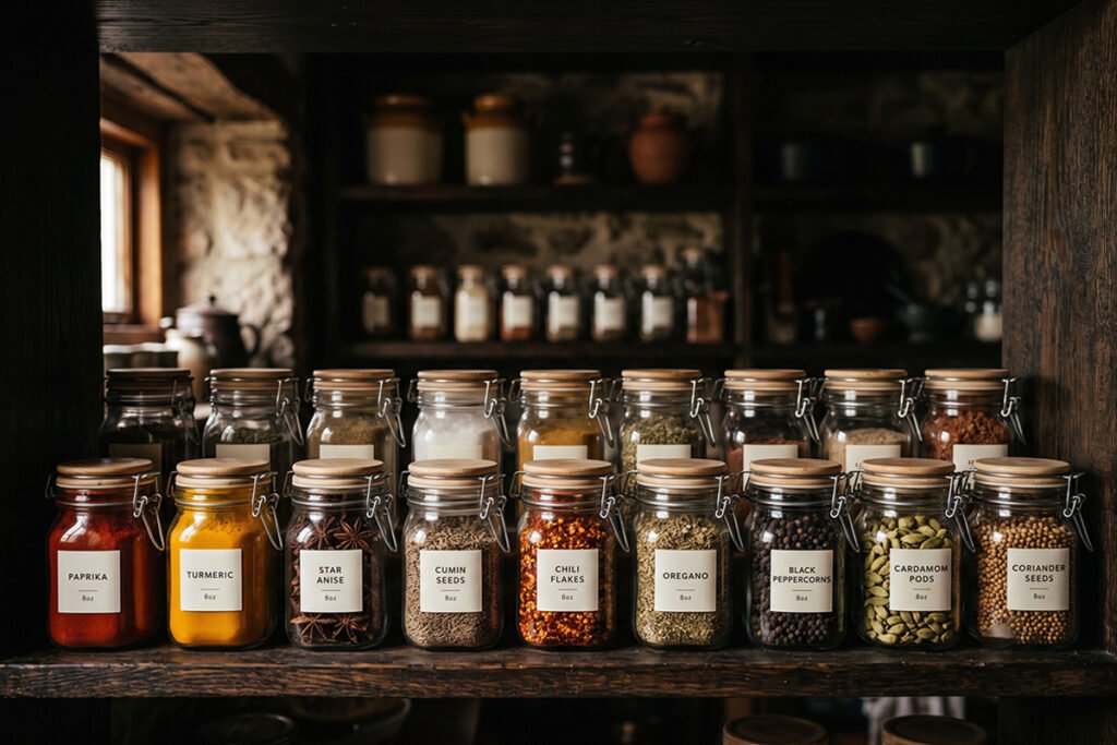 Glass spice jars with airtight seals kept inside a dark pantry cabinet