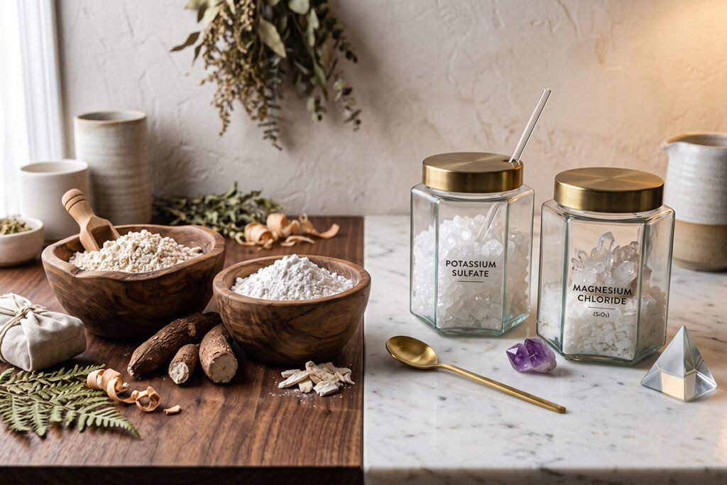 Graphic layout contrasting organic plant starches with pure mineral compounds.