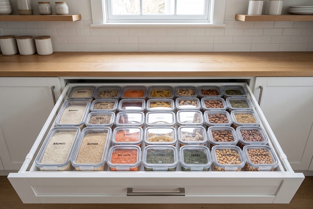 Grid pattern layout of modular plastic food containers fitting snugly inside a wide kitchen drawer.