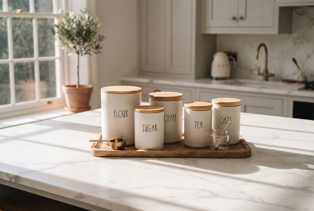 Group of top-rated kitchen storage canisters arranged on a marble kitchen island