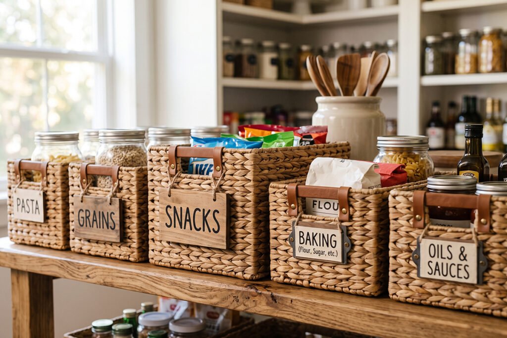 Grouped pantry baskets labeled by food categories like snacks