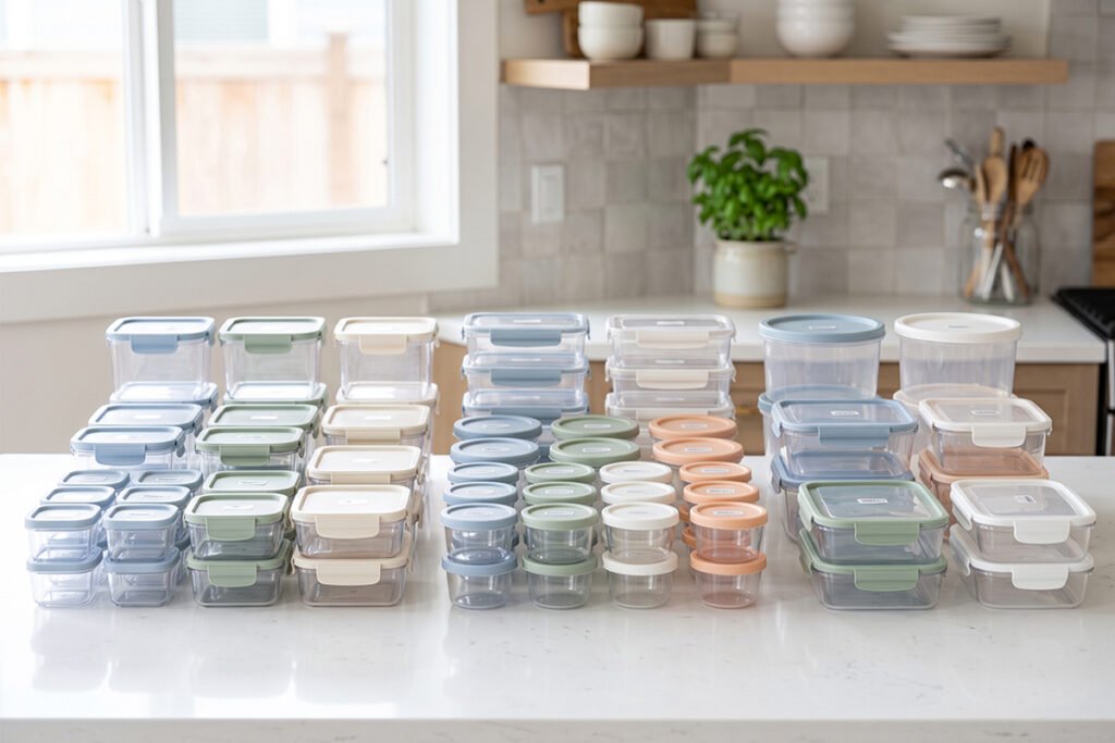 Grouped sets of plastic food containers organized on a countertop