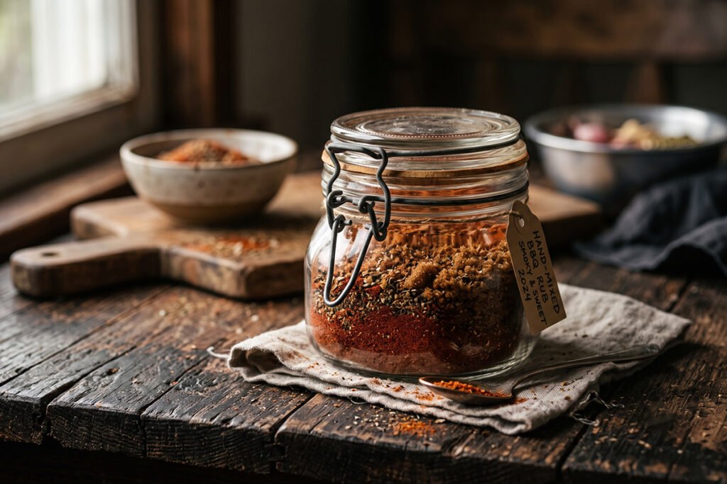 Hand-mixed BBQ seasoning rub stored in a small airtight container with a firm clamp.