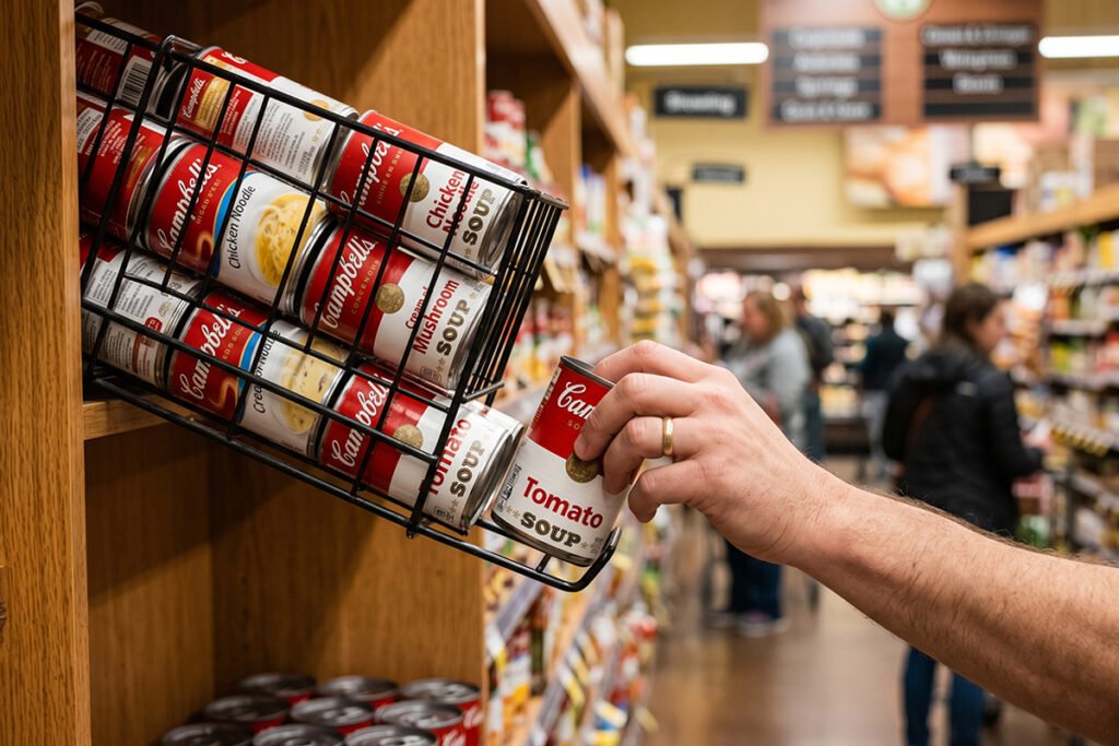 Hand selecting a canned good from a gravity dispenser to demonstrate stock rotation