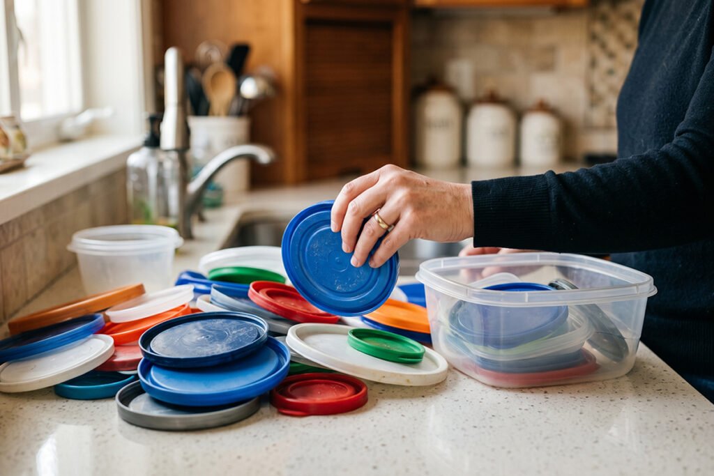 Hand sorting through a pile of plastic container lids to test matching bottoms