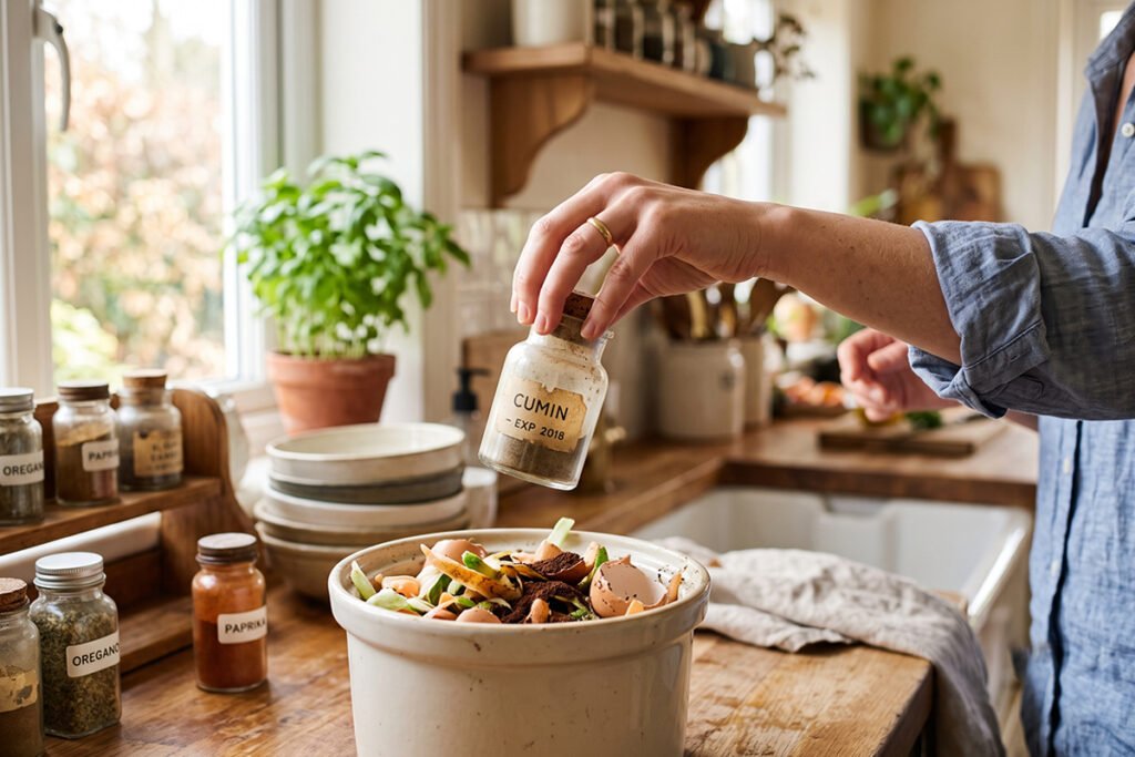Hand-tossing-faded-old-spice-jars-into-a-compost-bin-during-kitchen-organization