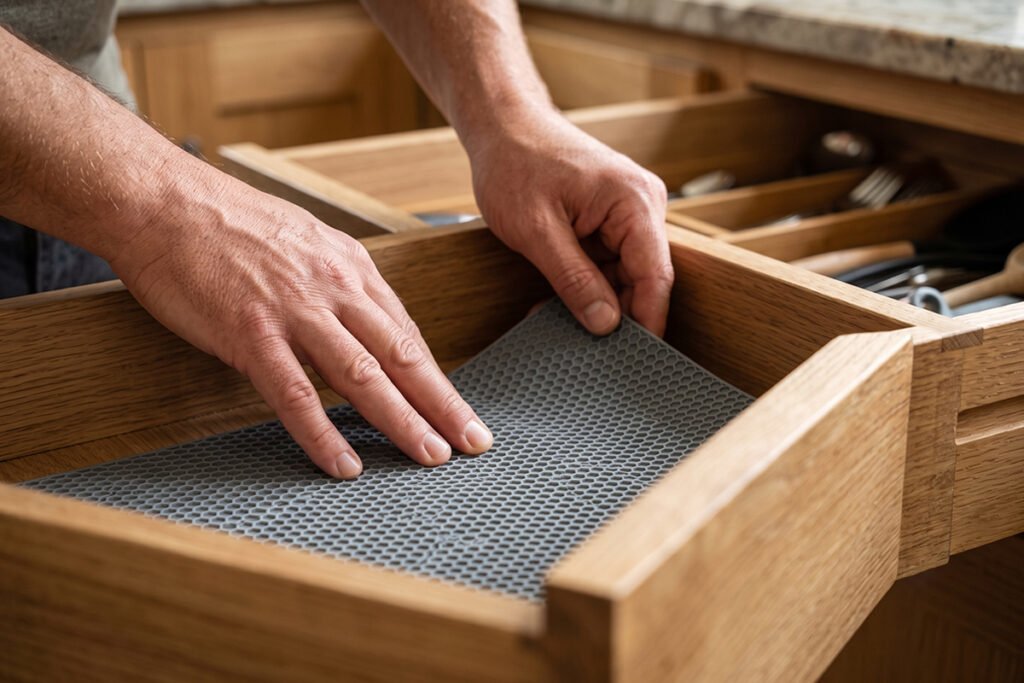 Hands fitting a grey non-slip silicone liner mat into the bottom of a wide kitchen drawer