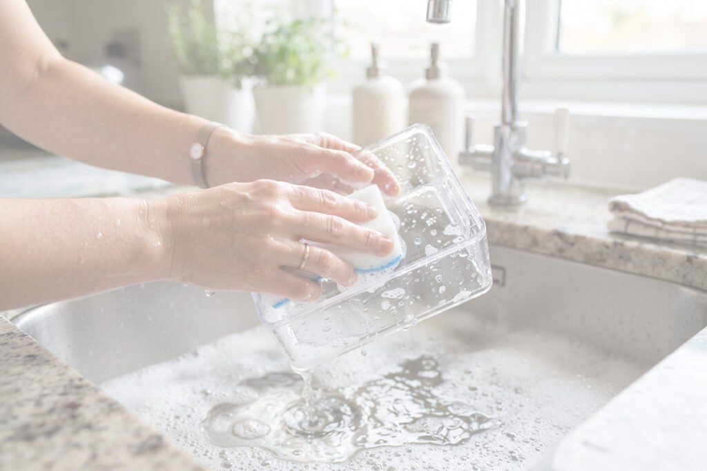 Hands gently washing a clear acrylic storage container in a clean kitchen sink with soapy water