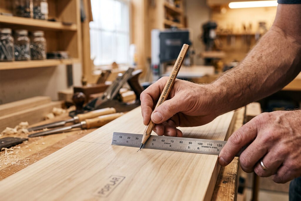 Hands measuring and marking cut lines onto a smooth wood board