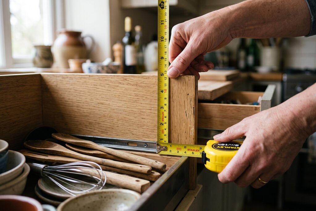 Hands measuring internal vertical height of a deep kitchen cabinet drawer with a tape measure