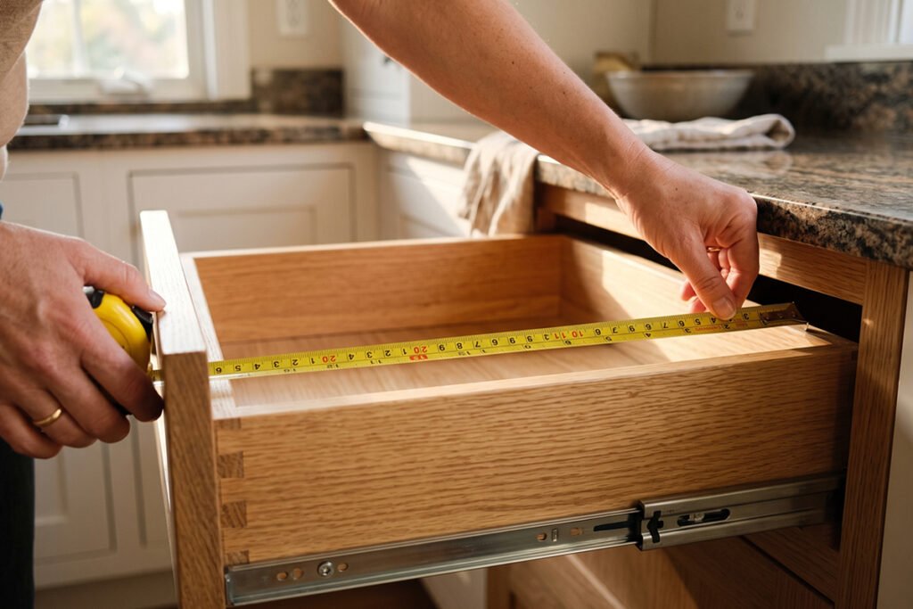 Hands measuring the interior width and depth of an open wooden kitchen drawer wi