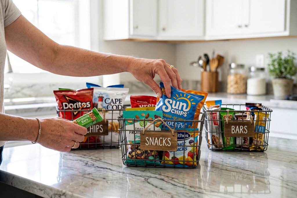 Hands sorting packaged snacks into labeled pantry baskets on a clean counter