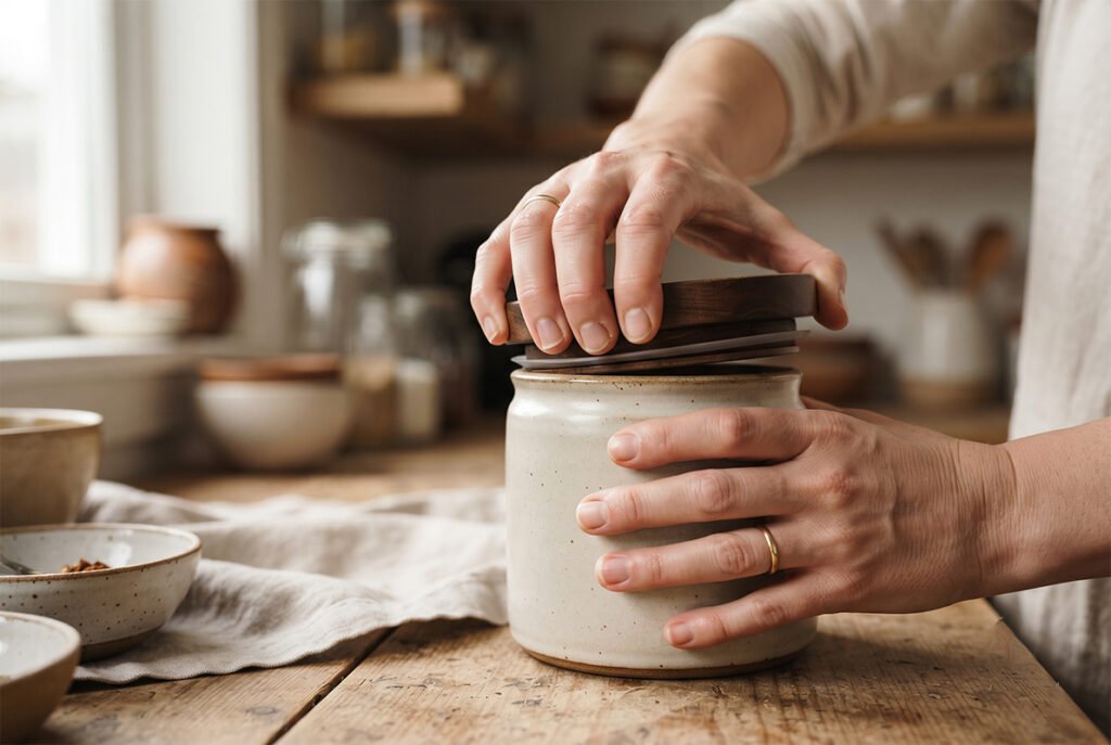Hands testing the suction resistance of a fitted ceramic container lid